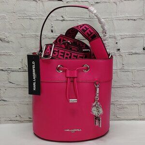 KARL LAGERFELD PARIS 'ADELE' BUCKET STYLE HANDBAG W/ LOGO WEBBING STRAP